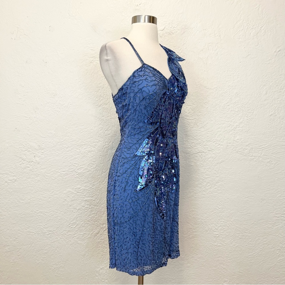 Vintage NiteLine Dress Blue Silk Chiffon Beaded Sequins 70s 80s Party XS S - Picture 10 of 11